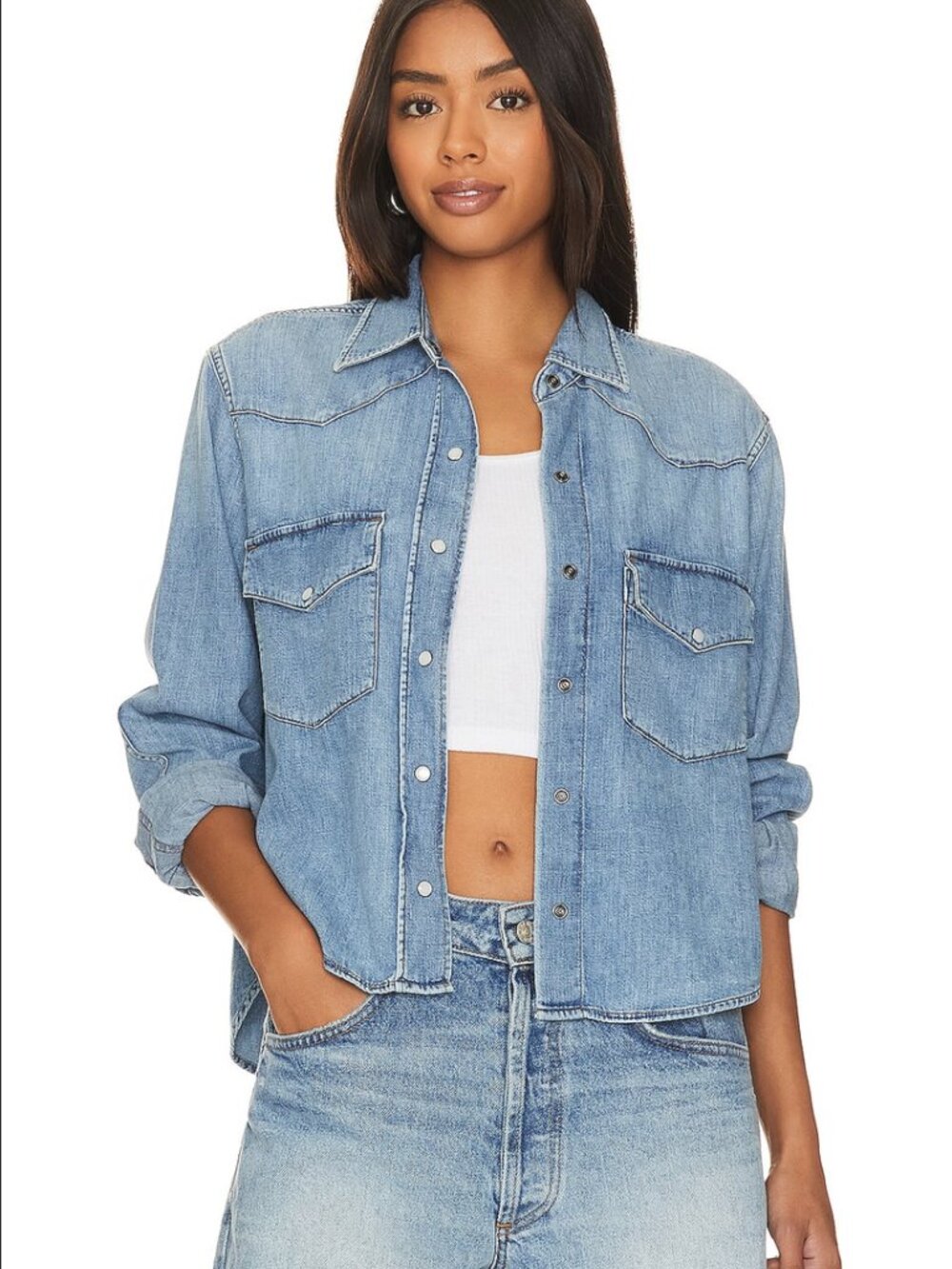 Citizens of Humanity Cropped Western Denim Shirt Size M Light Wash Blue Revolve